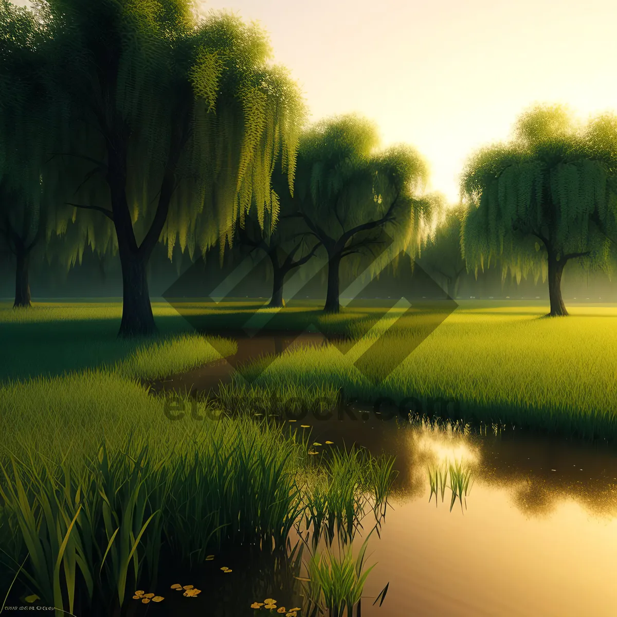 Picture of Serene Summer Meadow with Willow Trees