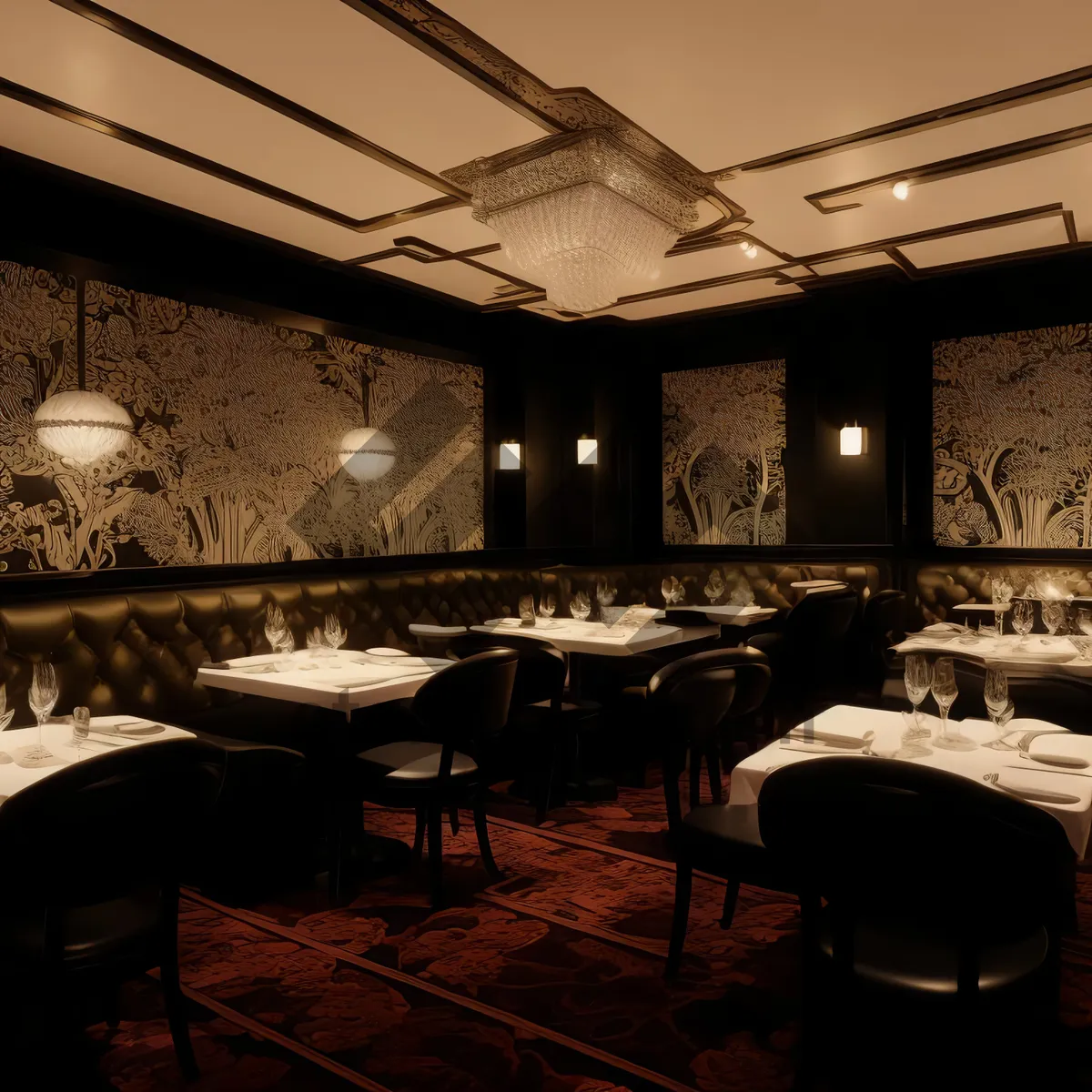 Picture of Modern luxury restaurant interior with wooden furniture and window view