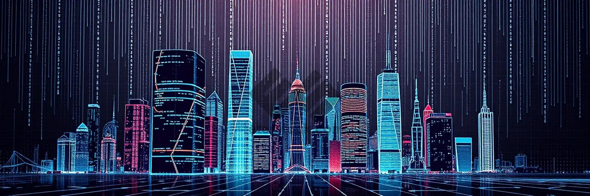 Picture of Modern city skyline at night with tall skyscrapers