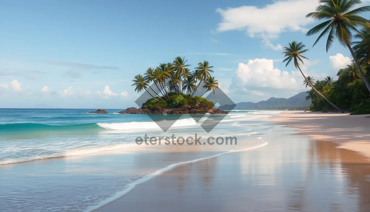 Picture of Tropical paradise beach with palm trees and calm waves.