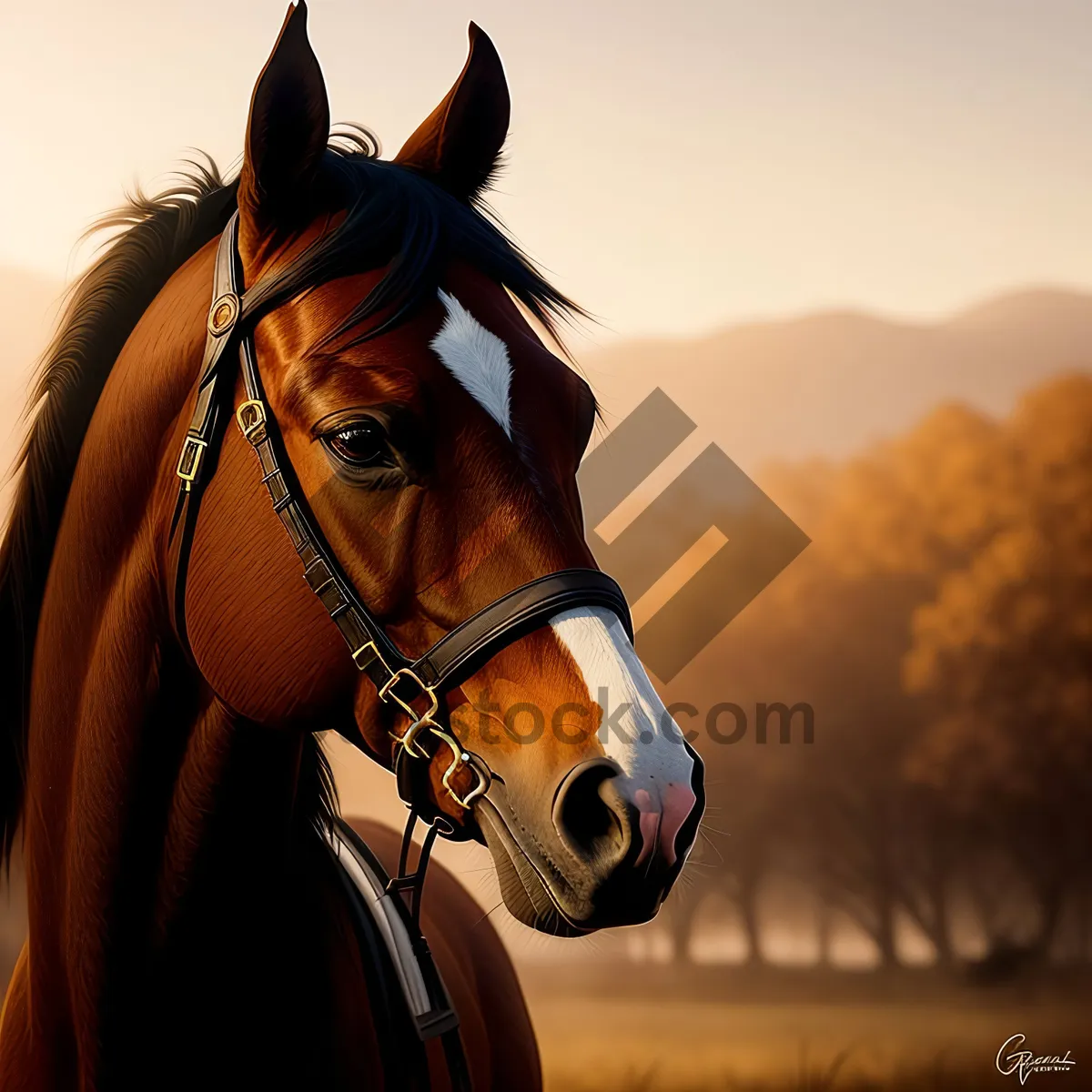 Picture of Brown Thoroughbred Stallion in Bridle: Majestic Equestrian Beauty
