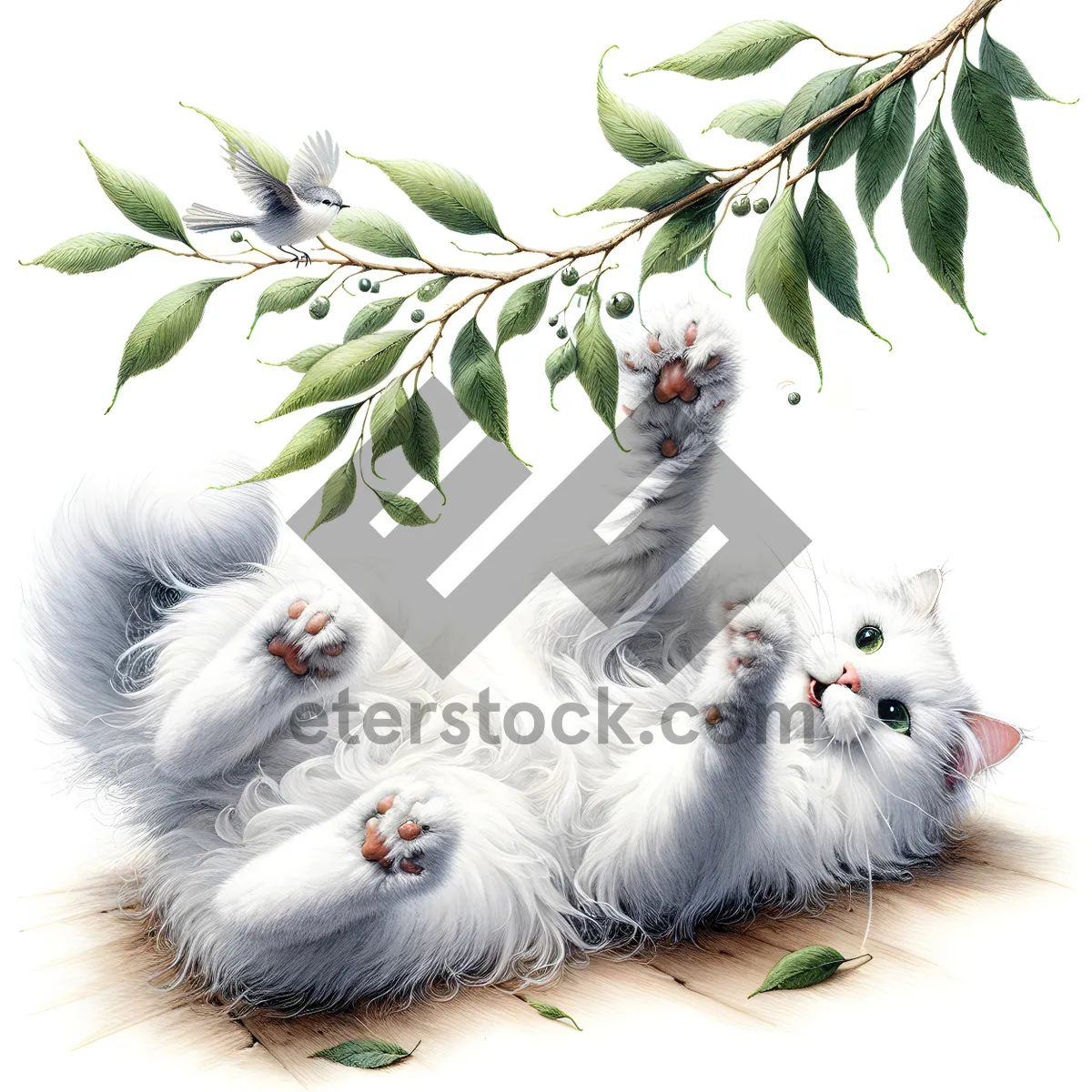 Picture of White Cat Playing With Leaves On a Tree Branch