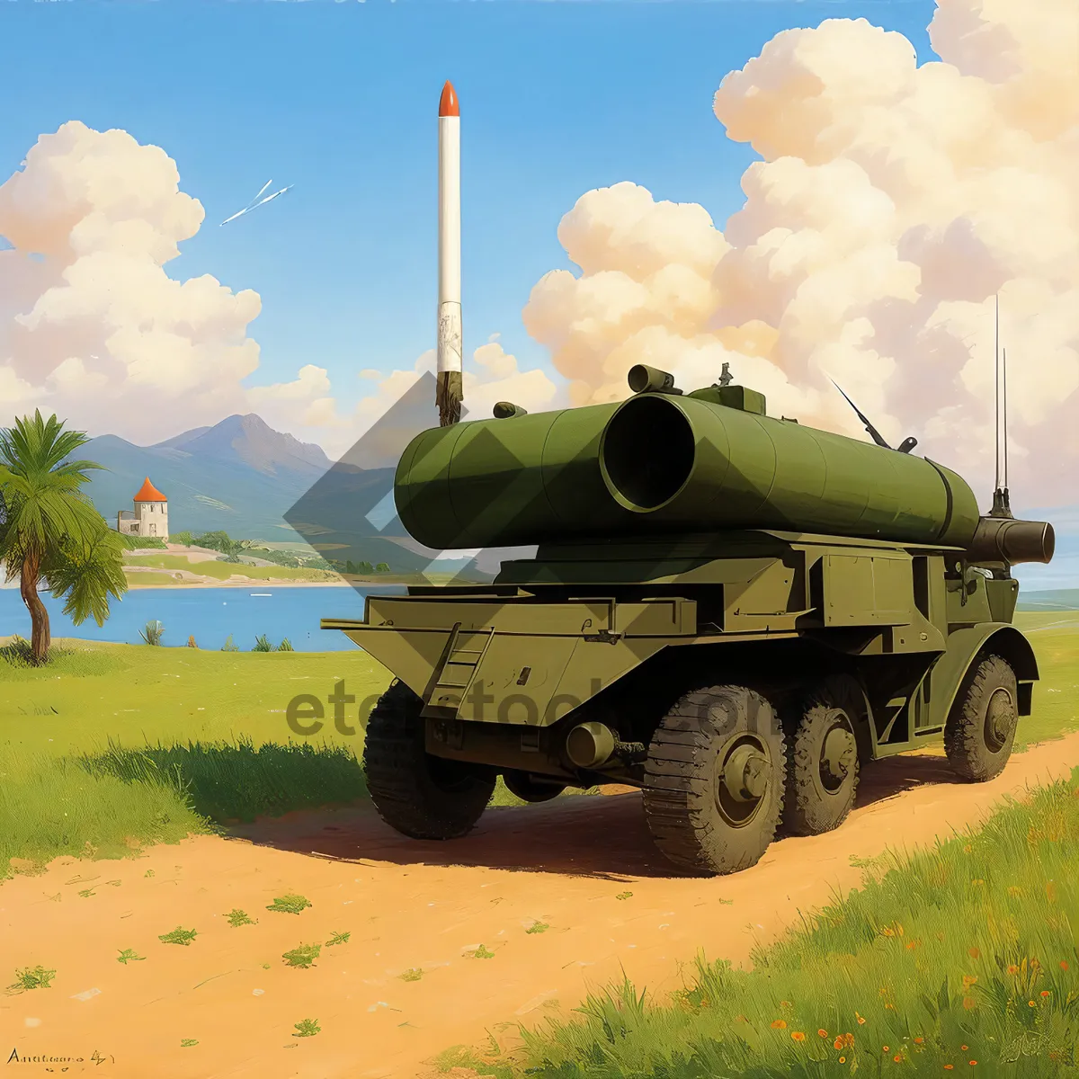 Picture of Military tank standing in grassy field under blue sky.