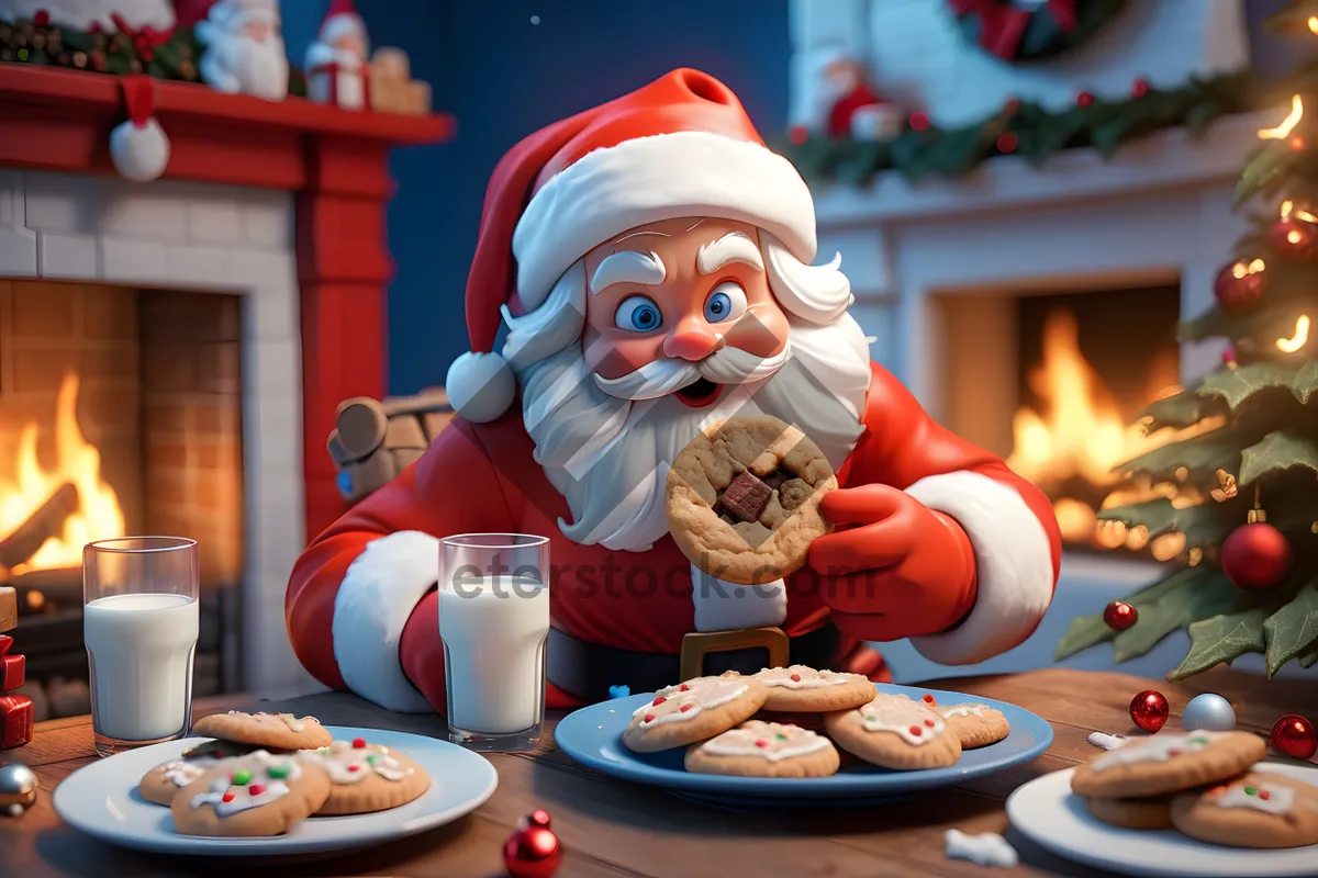 Picture of Santa Claus eating cookies and drinking milk on Christmas night. 3d rendering.