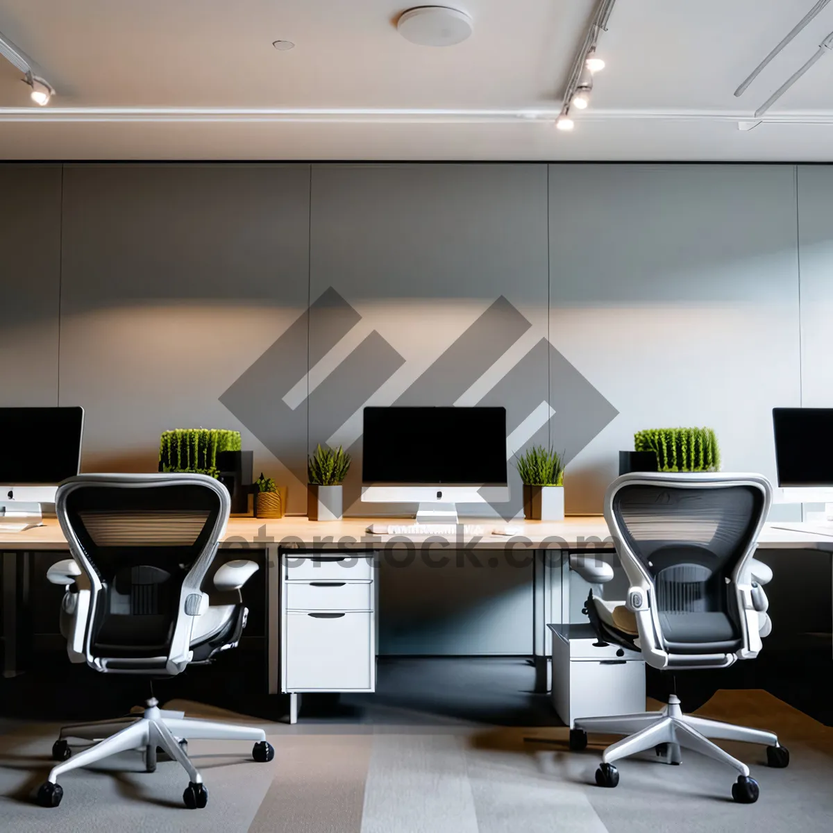 Picture of Modern luxury office interior with wooden furniture and computer