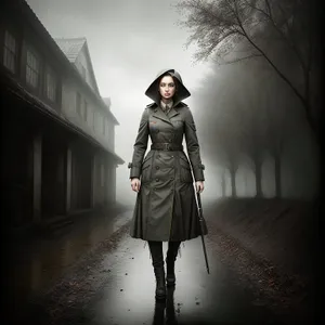 Black Trench Raincoat with Person Using Crutch