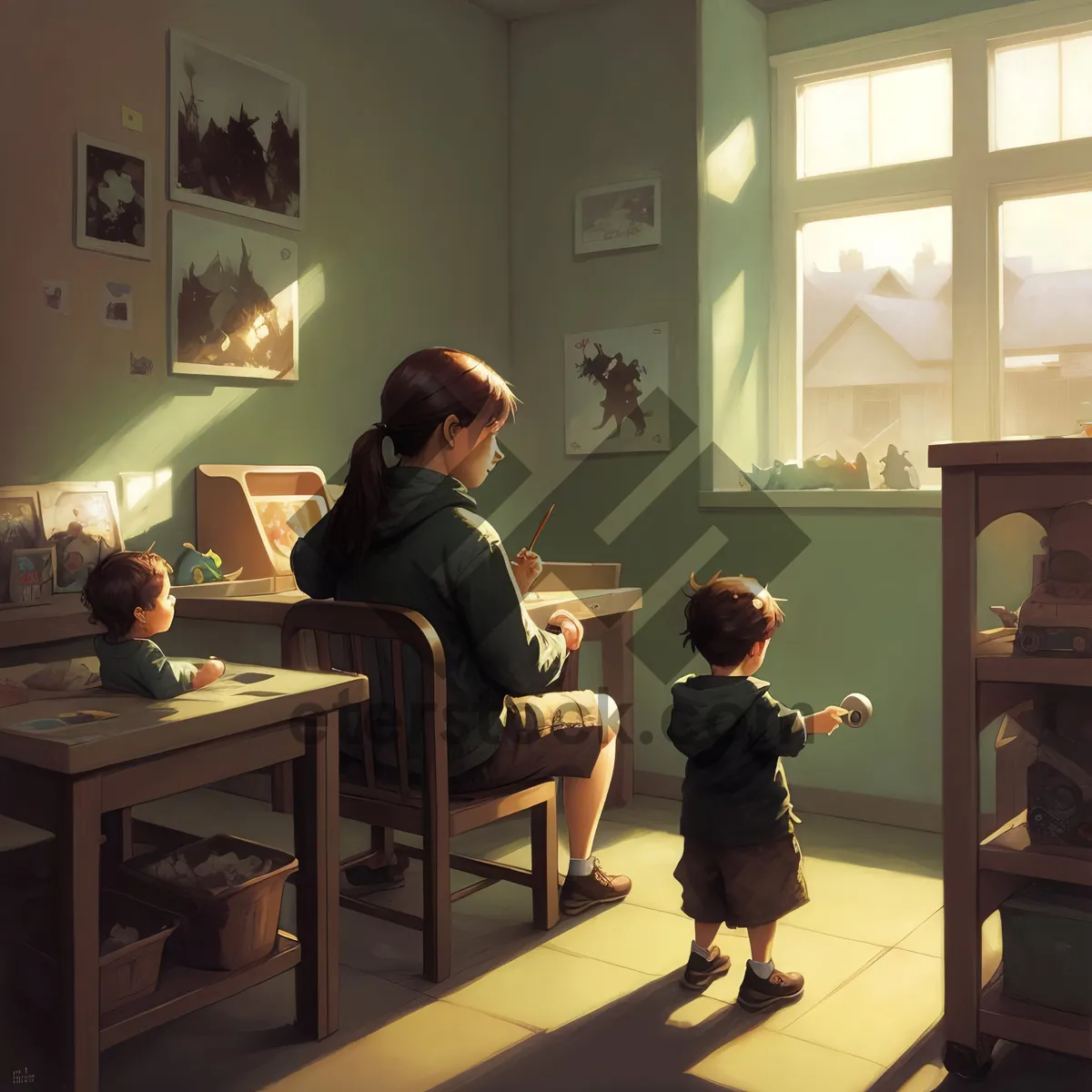 Picture of Modern classroom with professional teacher and students.