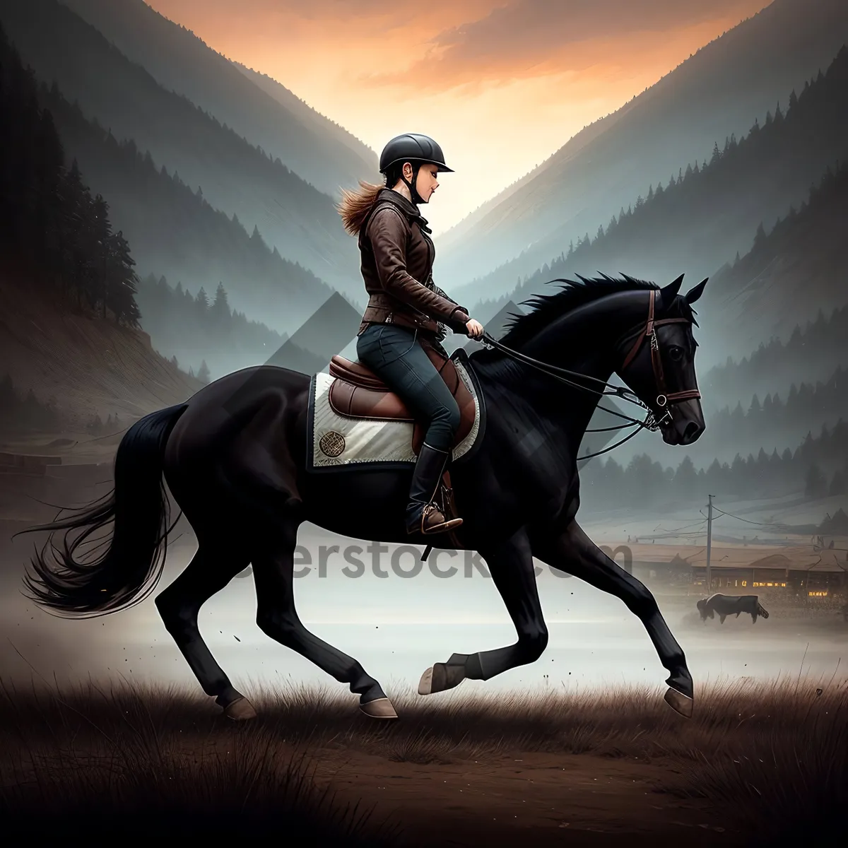 Picture of Thoroughbred Jockey Riding Equine Stallion in Equestrian Competition