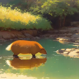 Tranquil Umbrella: Hippopotamus Seeking Shelter by the Lake