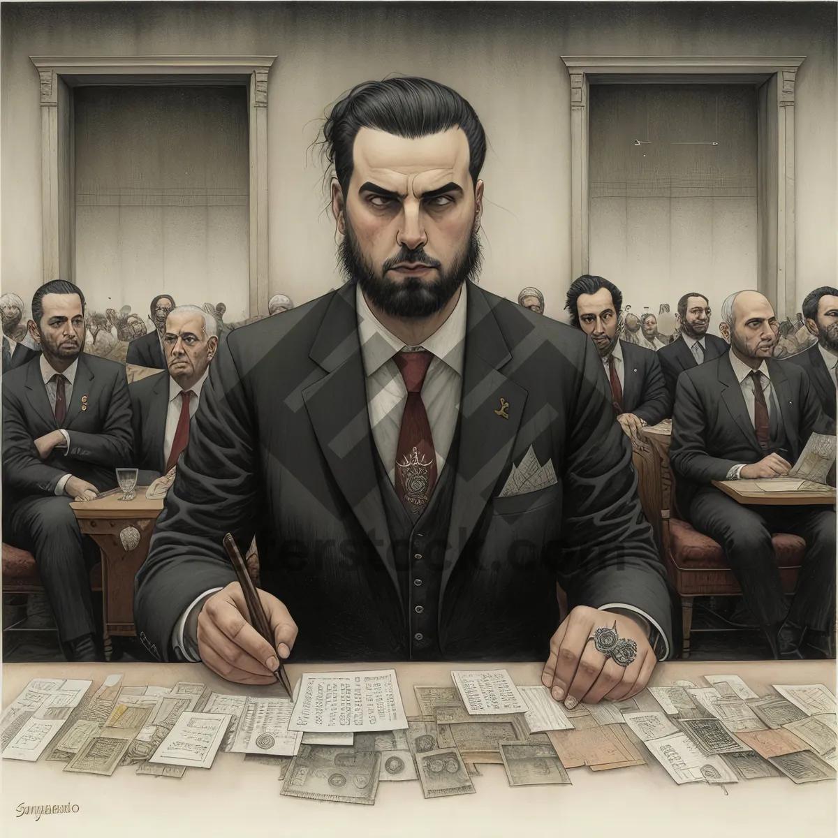 Picture of Corporate professionals working on laptops at conference table.