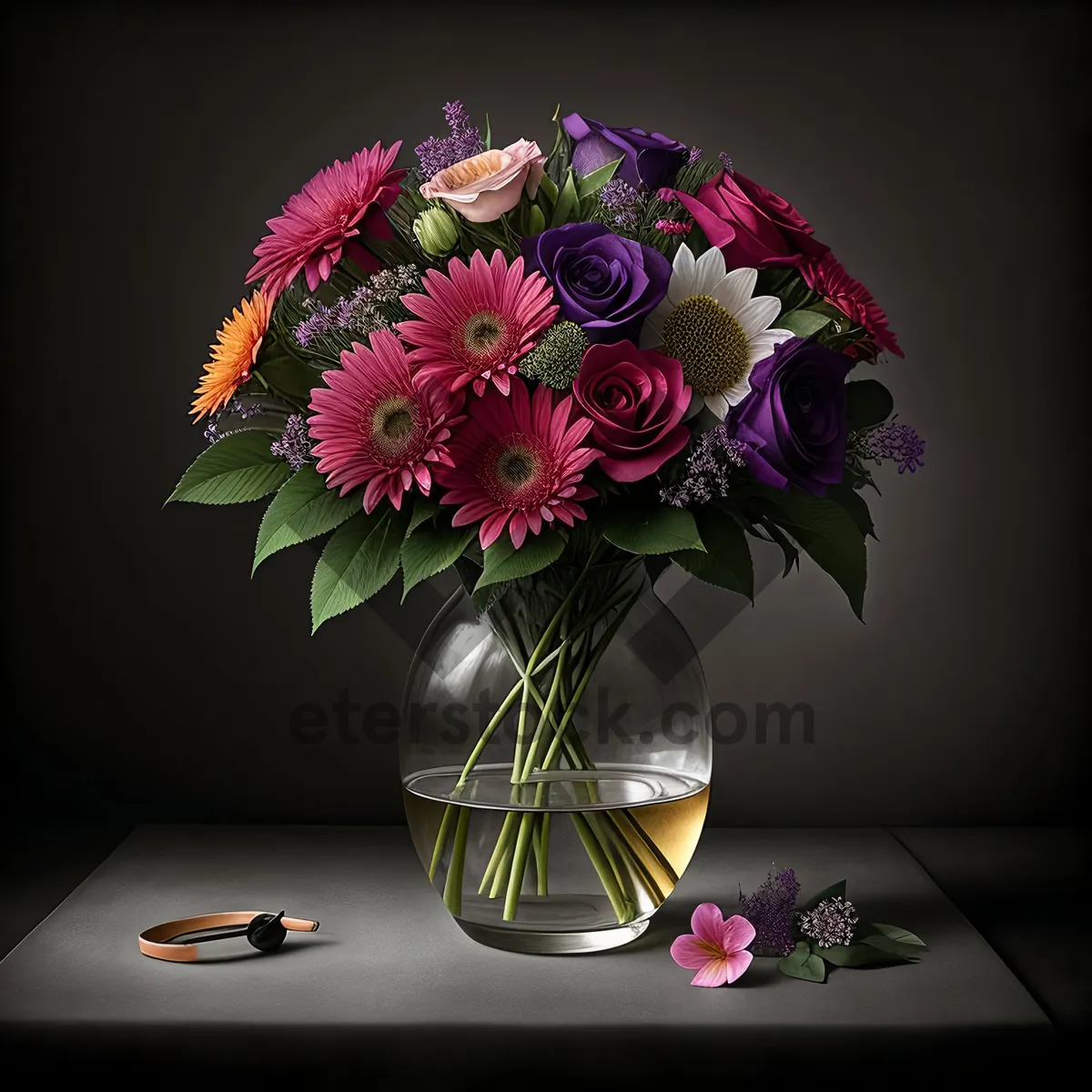 Picture of Blossoming pink floral bouquet in vase with table lamp