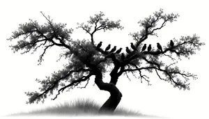 Silhouetted oak tree against a clear sky