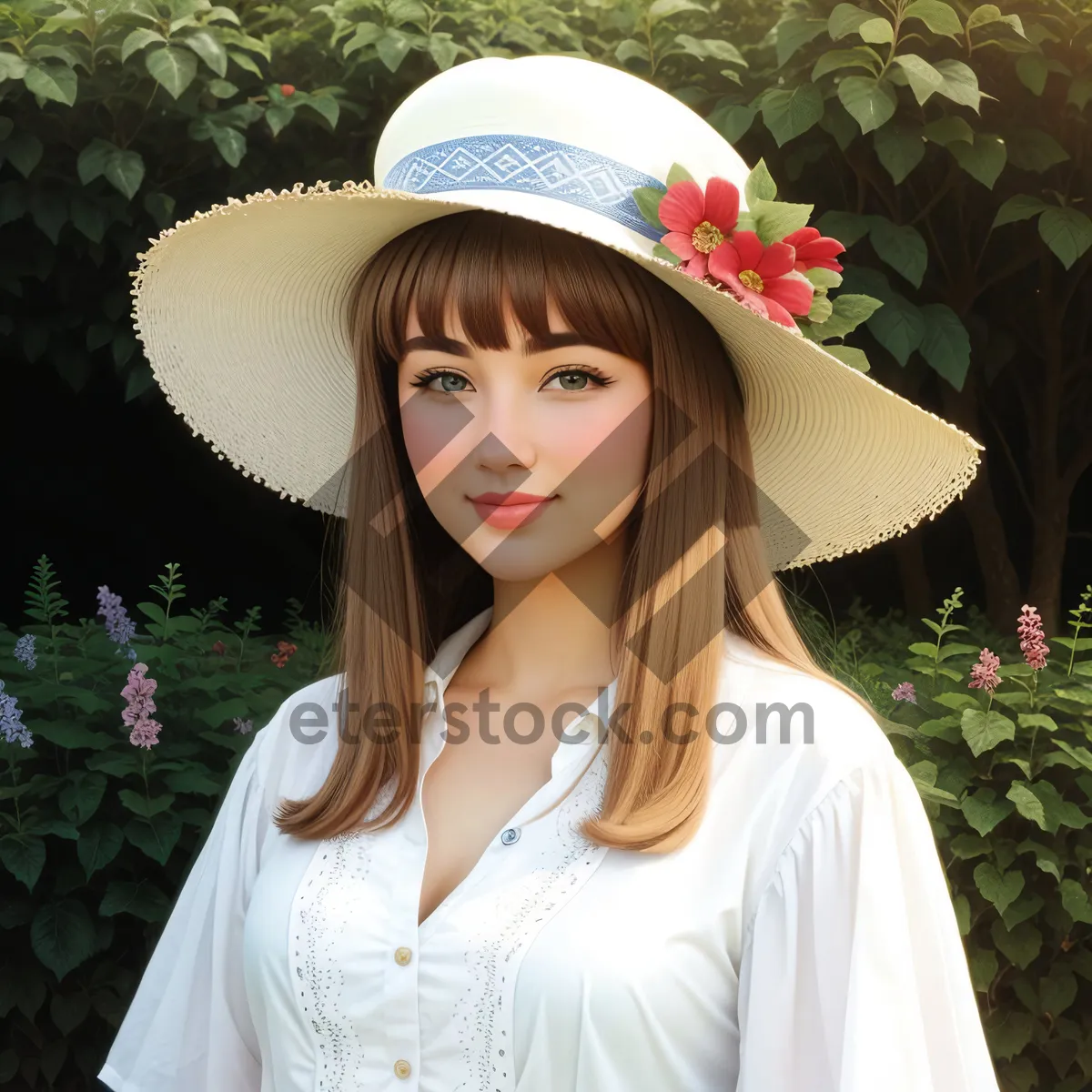 Picture of Cheerful adult businesswoman with hat and parasol smiling