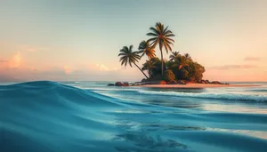 Tropical paradise beach with palm trees at sunset.