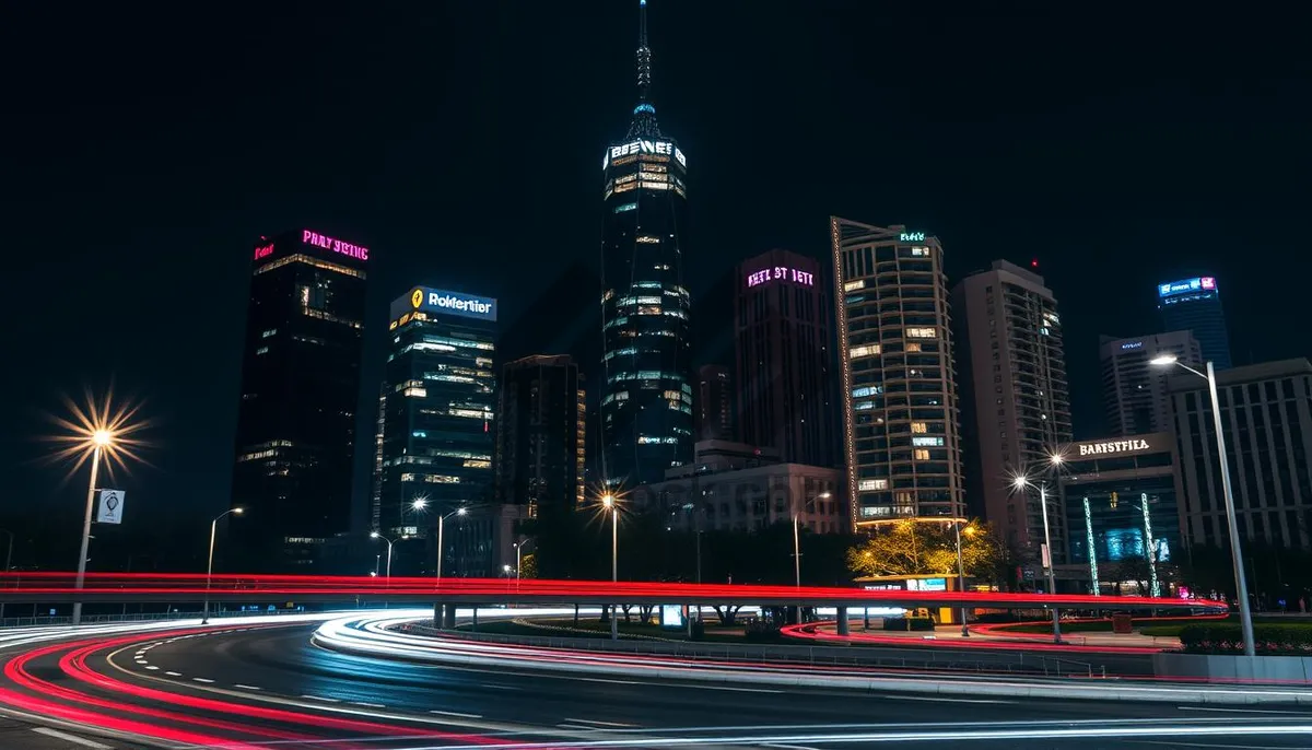 Picture of Modern city skyline at night with river reflection.