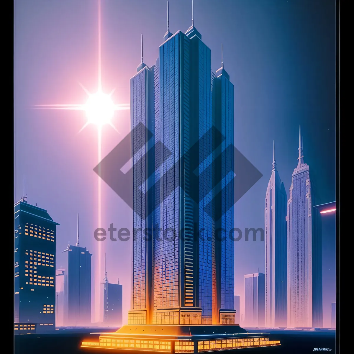 Picture of Modern City Skyline at Night with Towering Skyscrapers