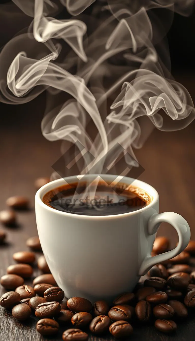 Picture of Dark morning coffee on black table with spoon