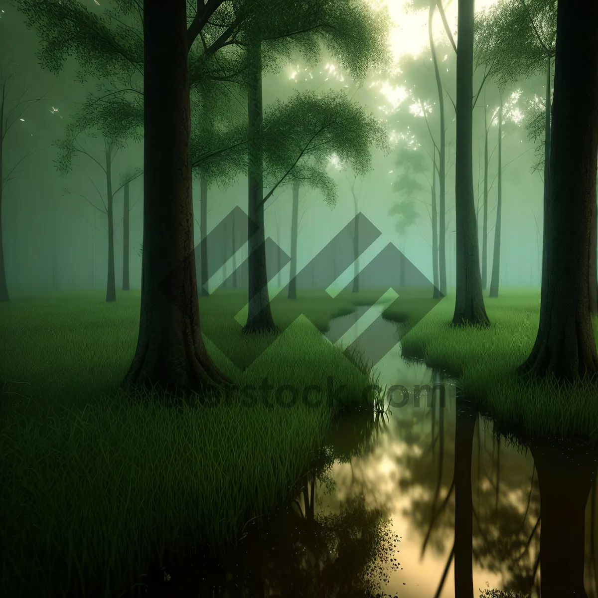 Picture of Misty Sunrise over Serene Forest Landscape