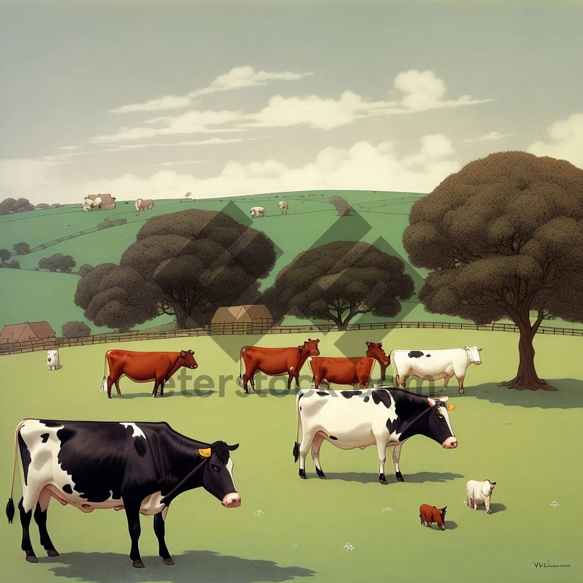 Picture of Idyllic Countryside Field with Grazing Cow Herd