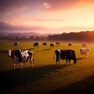 Cows grazing in the scenic countryside pasture.