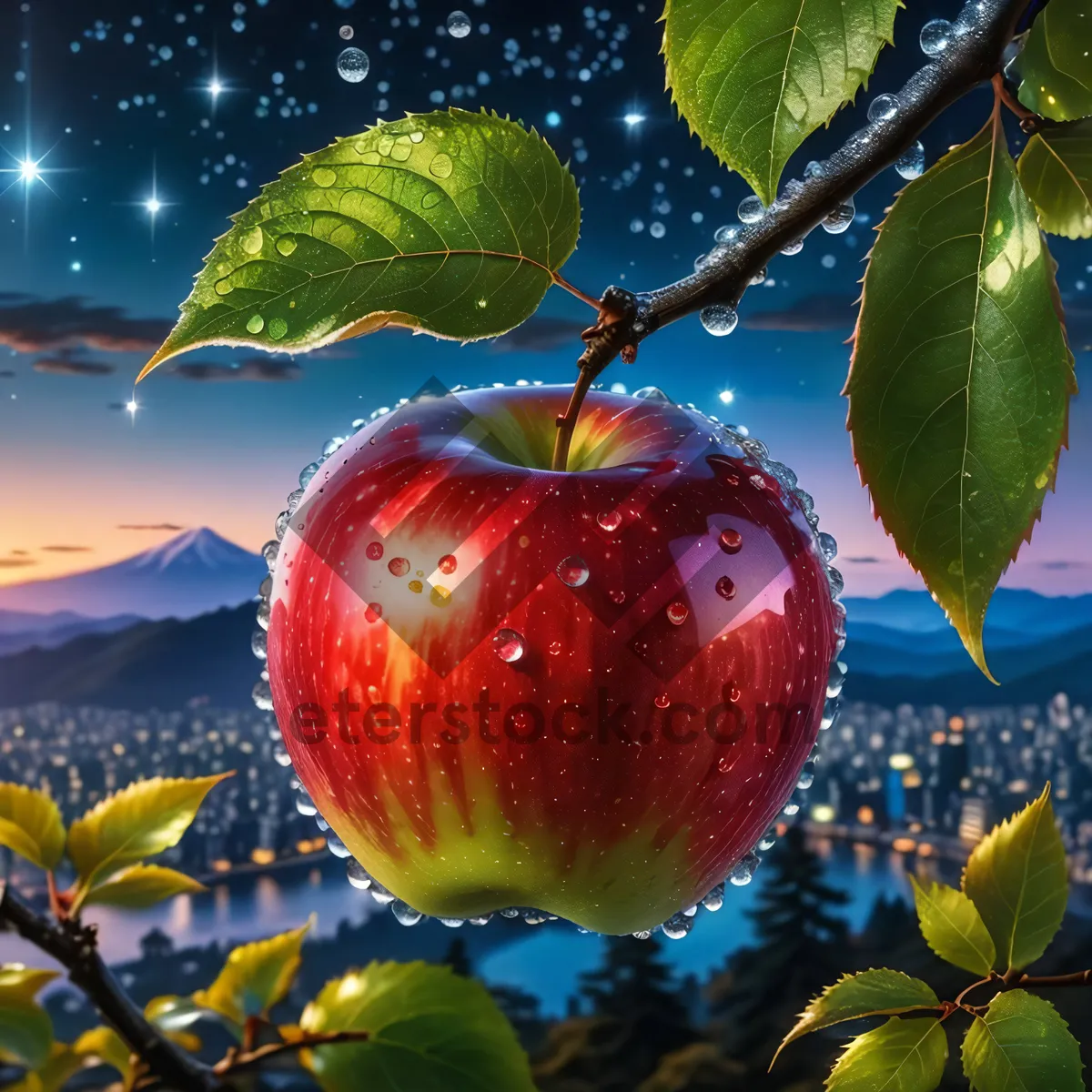 Picture of Fresh and Juicy Apple Fruit on Leaf