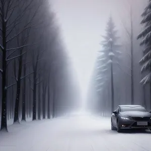 Frosty Winter Wonderland: Snowy Trees along Frozen Road