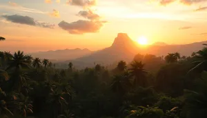 Orange sunset silhouette over mountainous landscape.