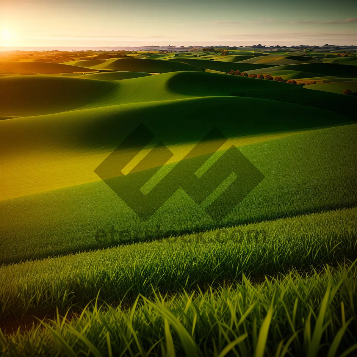 Picture of Serene Rural Landscape with Wheat Field under Clear Blue Sky