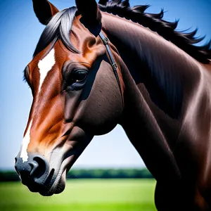 Majestic Brown Stallion Grazing in Fields