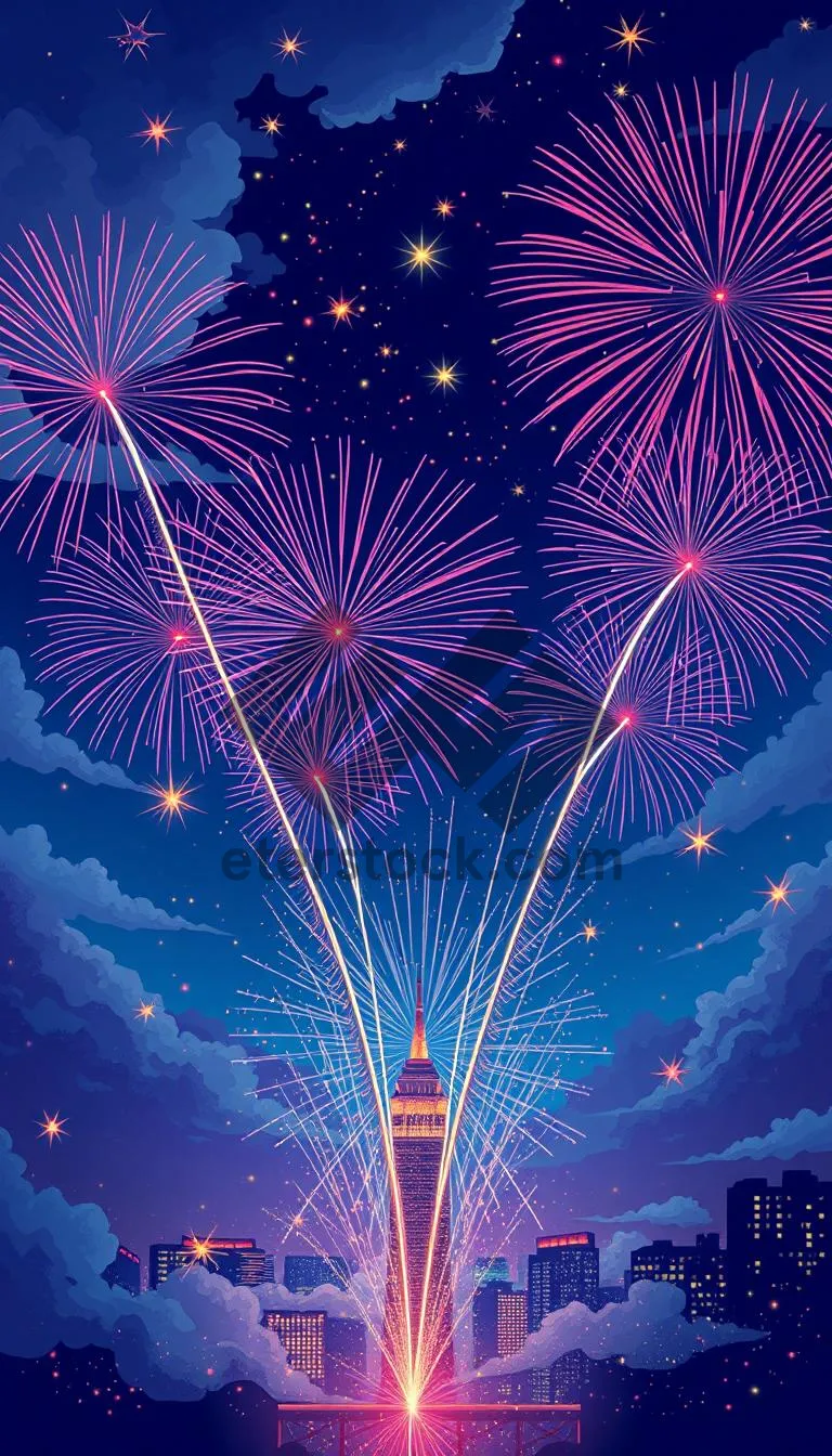Picture of Glowing Night Firework Display in the Dark Sky.