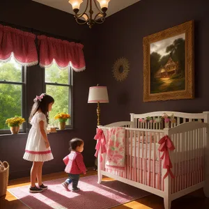 Wooden crib in a cozy baby bedroom