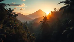 Orange sunset silhouette with trees and mountains