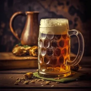 Party time: Cold beer in a yellow glass mug