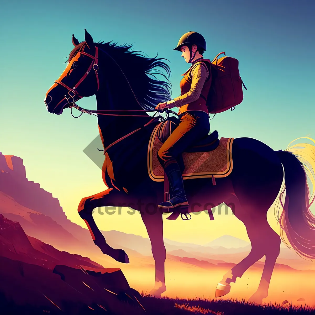 Picture of Silhouetted Man Riding Horse at Sunset