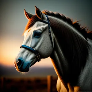 Majestic Brown Stallion in Meadow with Halter Gear