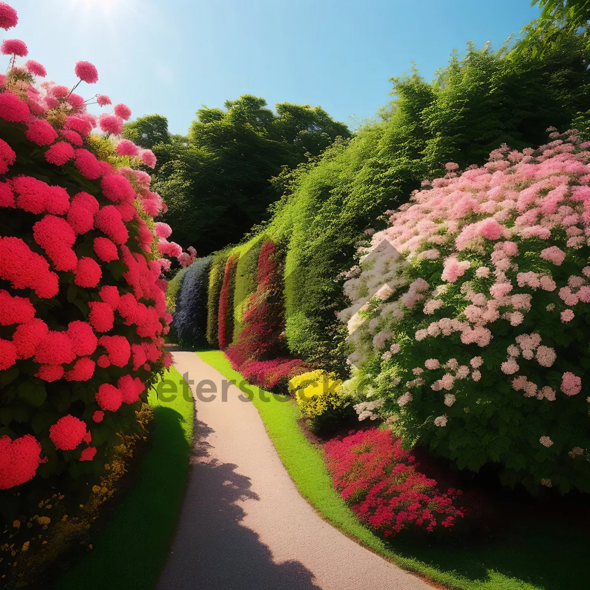 Picture of Colorful floral bouquet of pink tulips and hydrangeas.