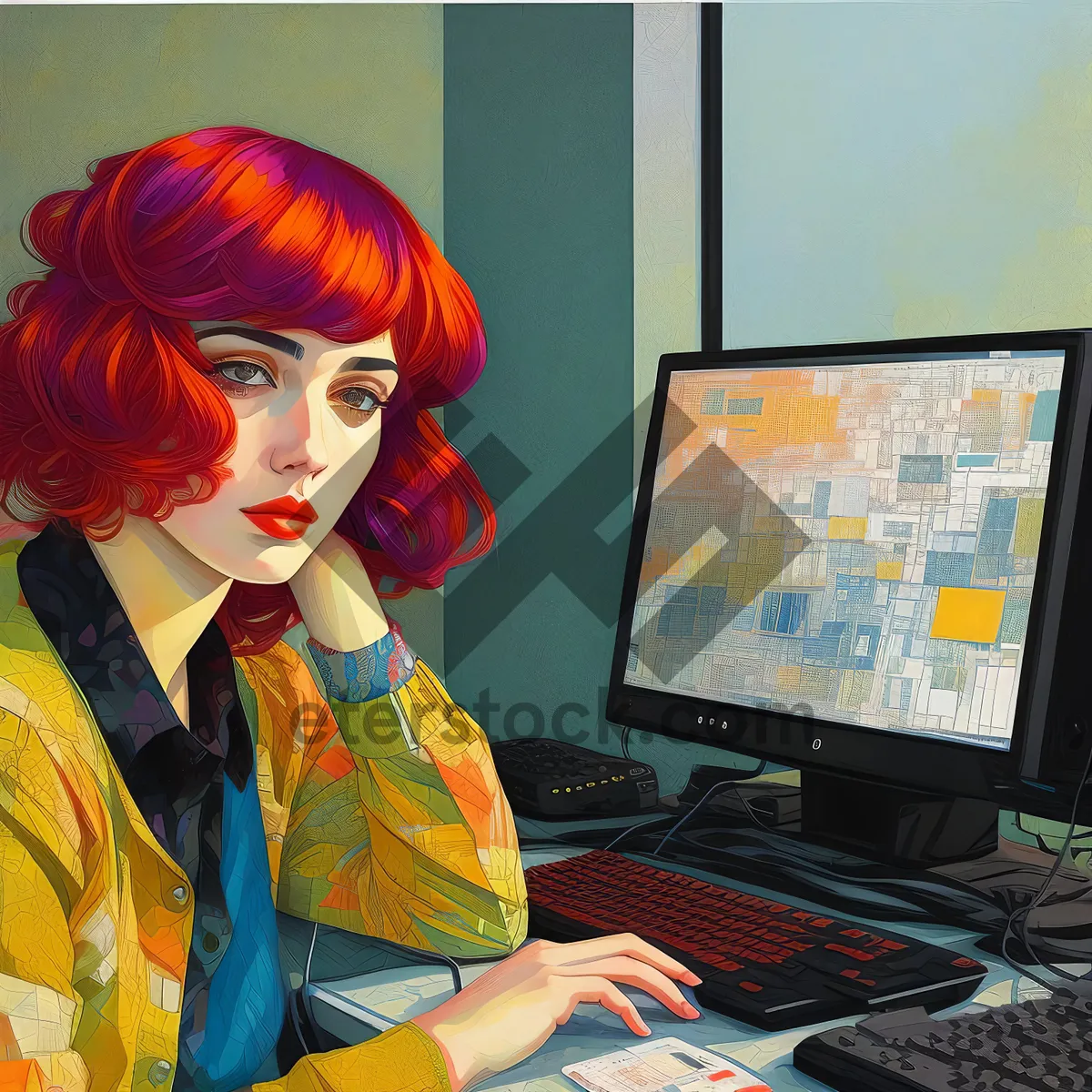 Picture of Joyful Businesswoman Working on Computer in Office