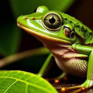 Vibrant Eyed Tree Frog Peeking Through Leaf