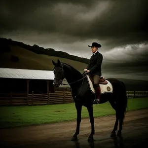 Jockey riding sidesaddle on polo horse with mallet