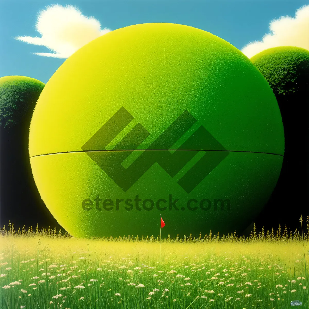 Picture of Colorful Balloon Soaring Over Lush Green Fields