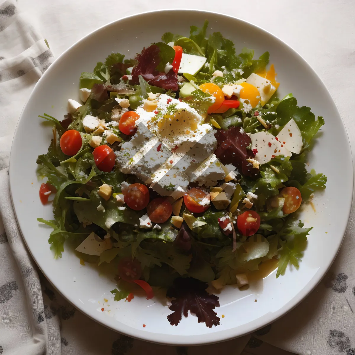 Picture of Fresh vegetable salad with cheese and grilled meat