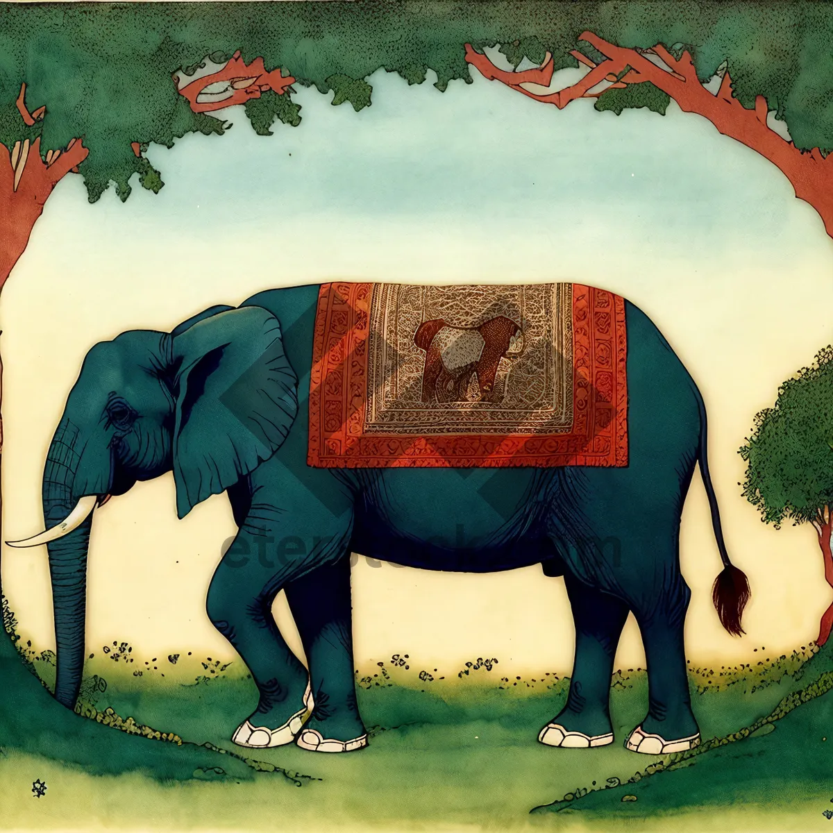 Picture of Elephant in colorful saddle blanket and stable gear.