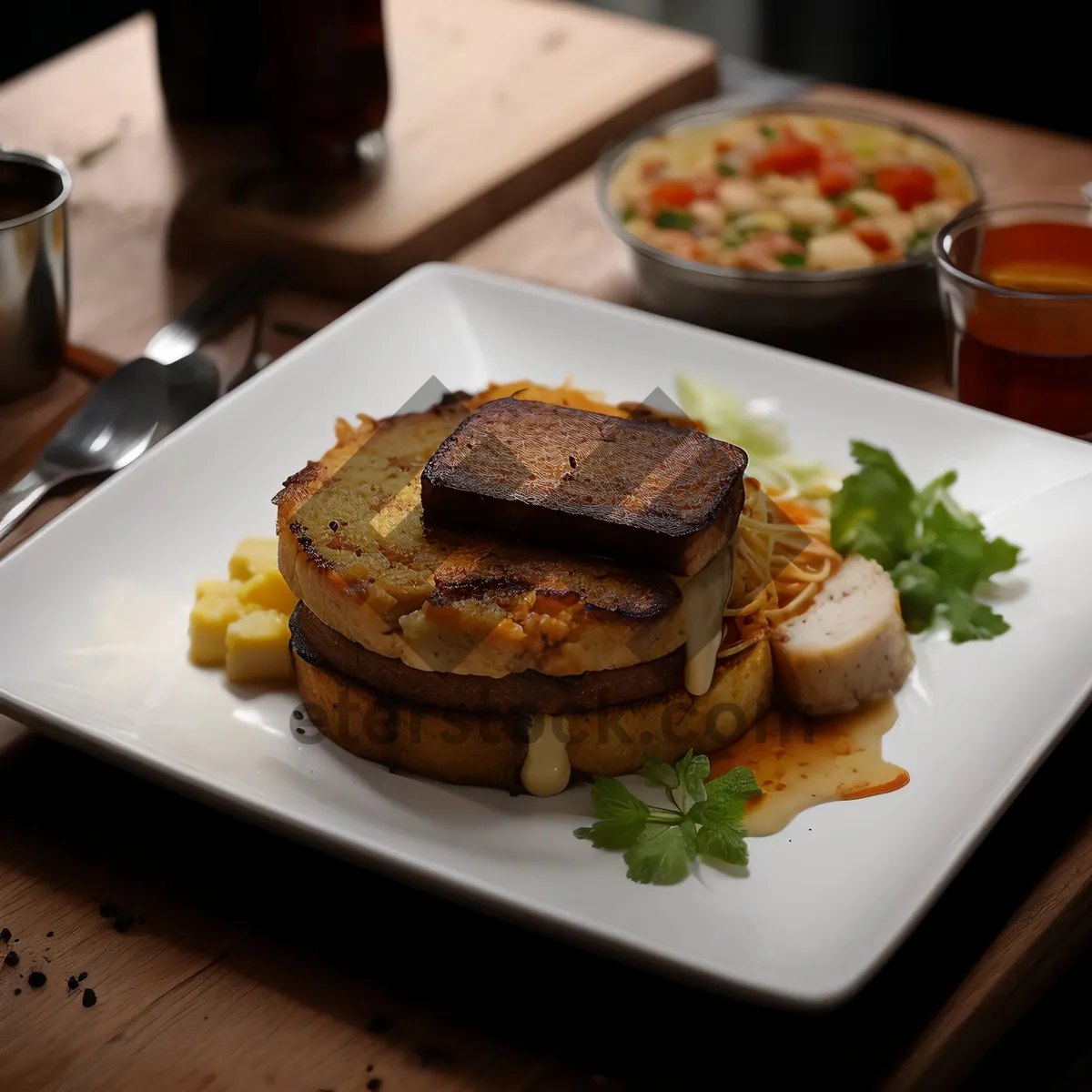 Picture of Gourmet Cheeseburger with Grilled Vegetables and Potato