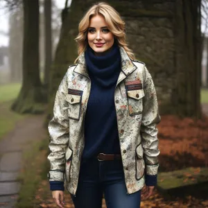 Happy smiling brunette lady in fashionable jacket coat.
