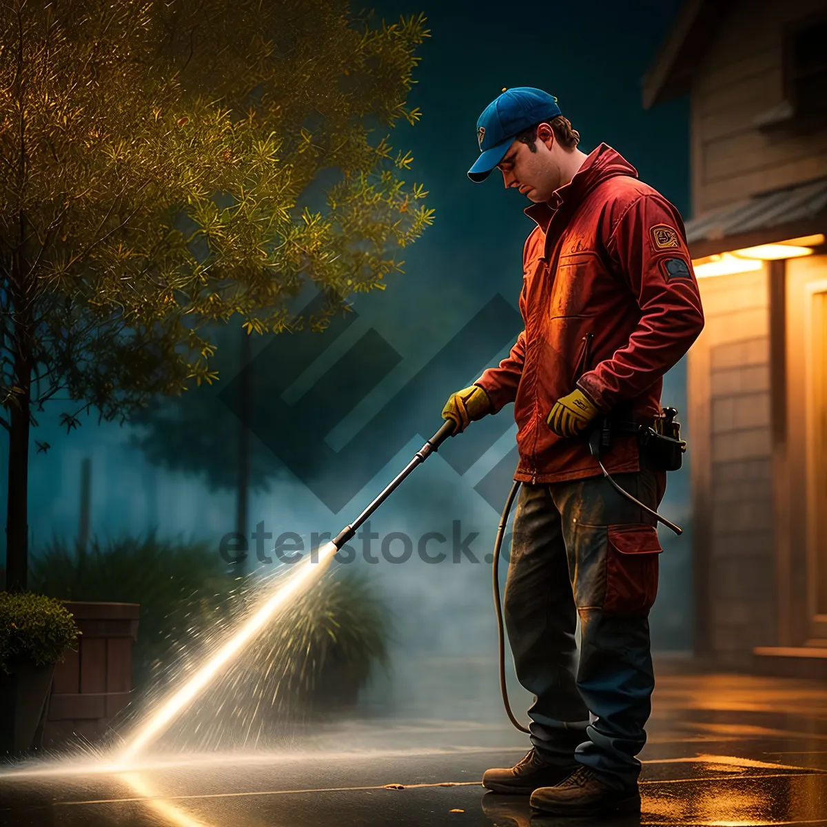Picture of Outdoor Man Cleaning Fountain with Fire Extinguisher