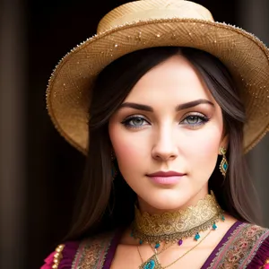 Stylish brunette model in cowboy hat exudes sensuality.