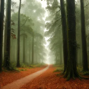 Idyllic Woodland Path in a Misty Forest