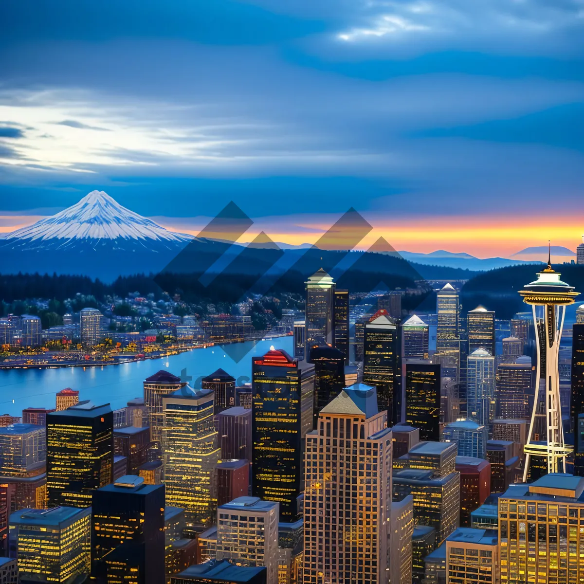 Picture of City Lights at Dusk: Urban Skylines by the Waterfront