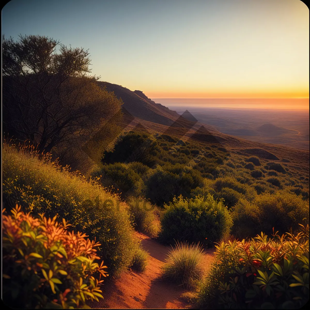 Picture of Golden Horizon: Sunset Over Rural Mountain Landscape