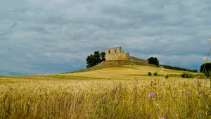 Medieval Castle Overlooking Lush Countryside Meadow